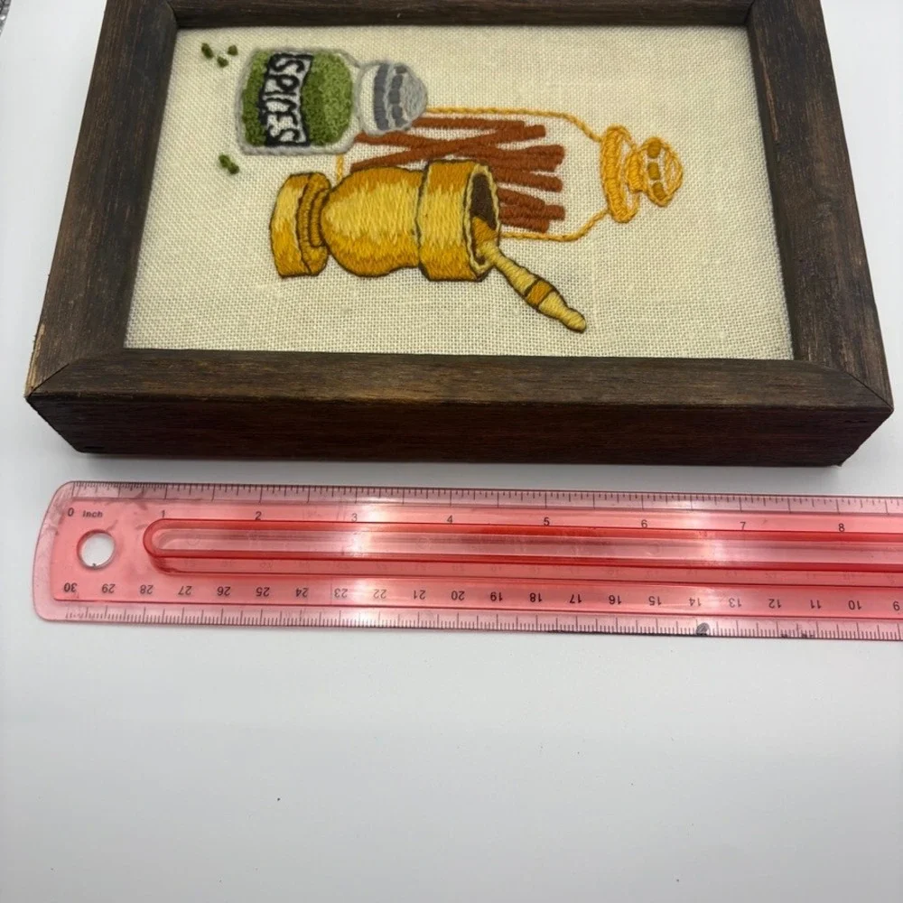 Vintage 1975 Hand Embroidered Crewelwork Kitchen Spice Wall Art Framed  6.5x8.5